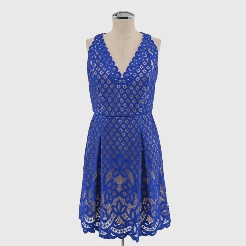 Adrianna Papell Lace Fit Flare‎ Dress Womens Size 4 Blue Cotton Blend Cocktail